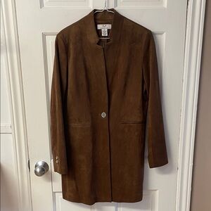 Magaschoni brown faux suede one button long blazer jacket women’s size 10